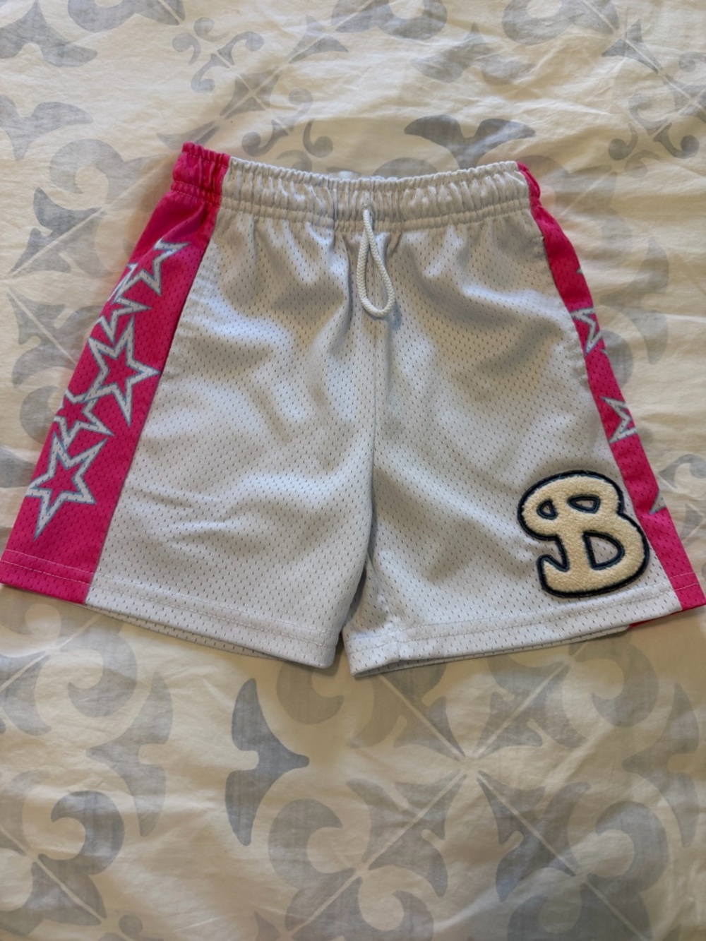 Boys BKTSQD White Athletic Shorts with Pink Star Side Panels